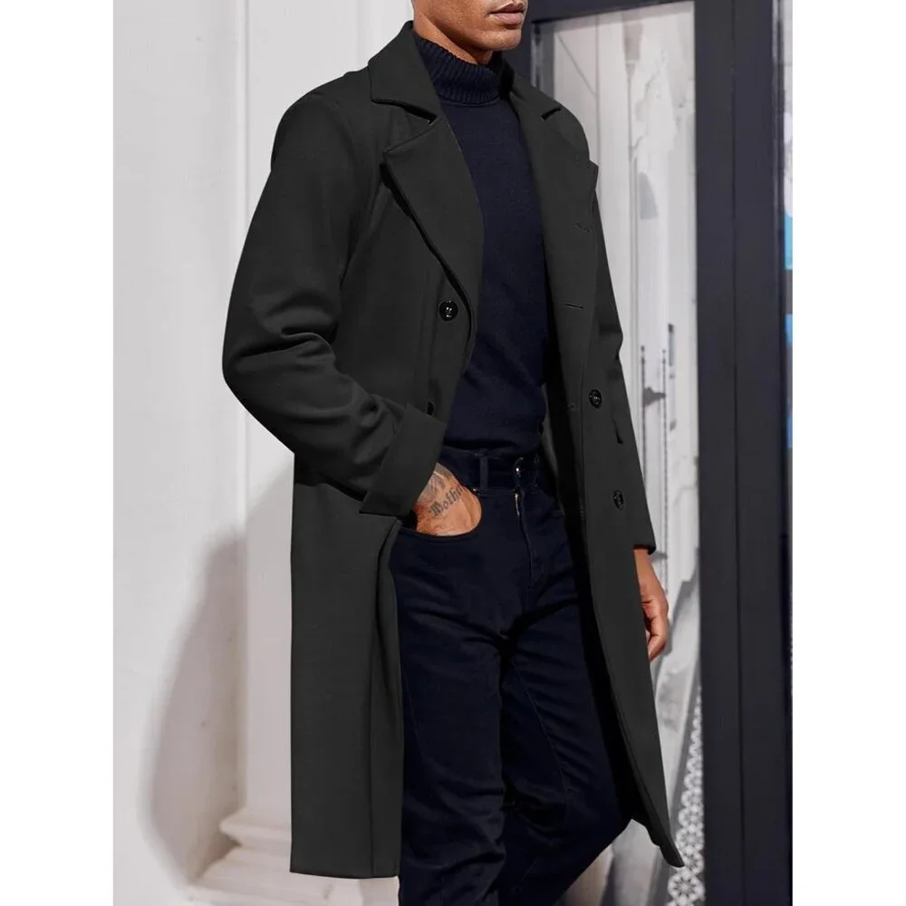 Men's Black Notch Lapel Double Breasted Long Trench Coat Cotton Blend Pea coat